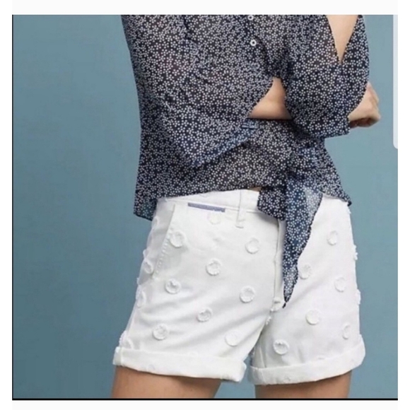 Anthropologie Chino White Textured Women's Embroidered Relaxed Shorts Size 27 - Picture 1 of 10
